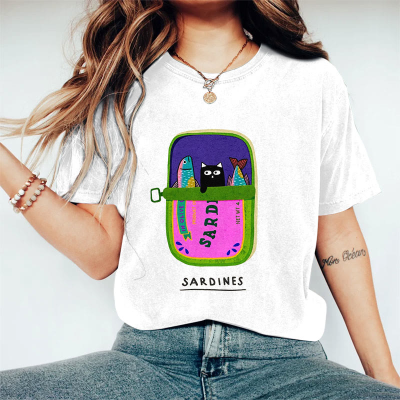 100% Cotton Women's Lovely Black Cat & Sardines Art Print Casual T-shirt - White - 2XL - image 1