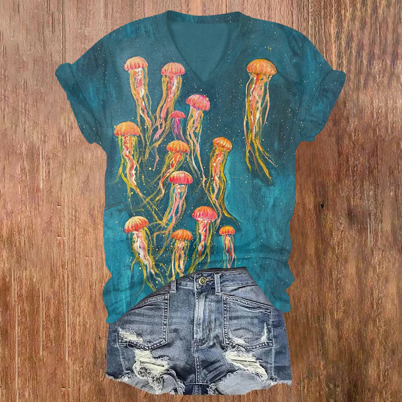 Starry Sky Jellyfish Oil Painting Print V-neck T-shirt - Green - US32-34(5XL) - image 1