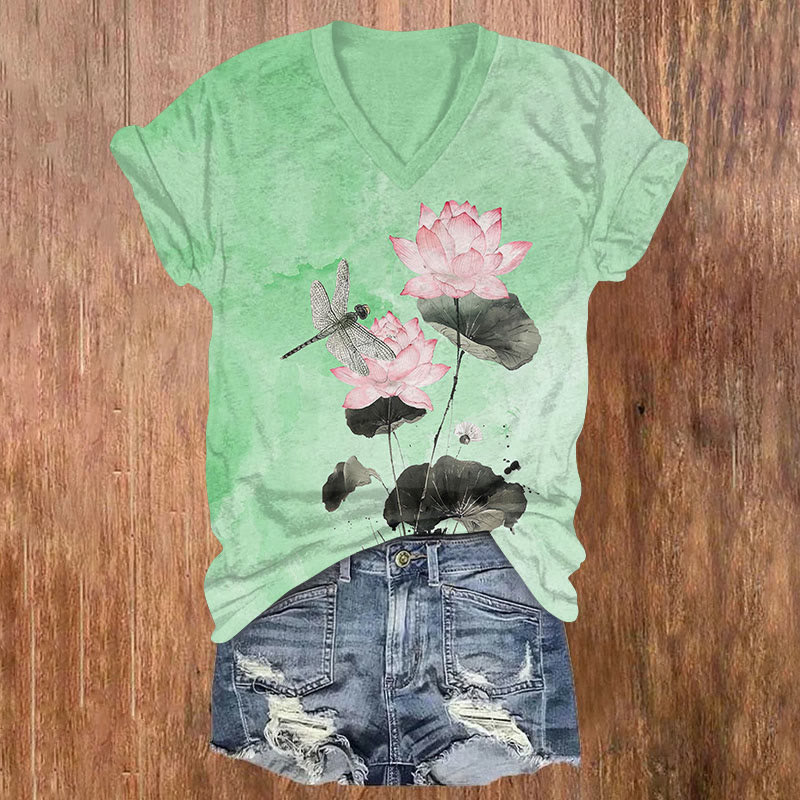Watercolor Lotus Blossom & Dragonfly Art Print V-neck T-shirt - Green - US32-34(5XL) - image 1
