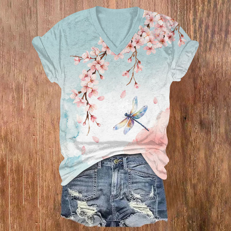 Japanese Sakura & Dragonfly Print V-neck T-shirt - Sky Blue - US32-34(5XL) - image 1