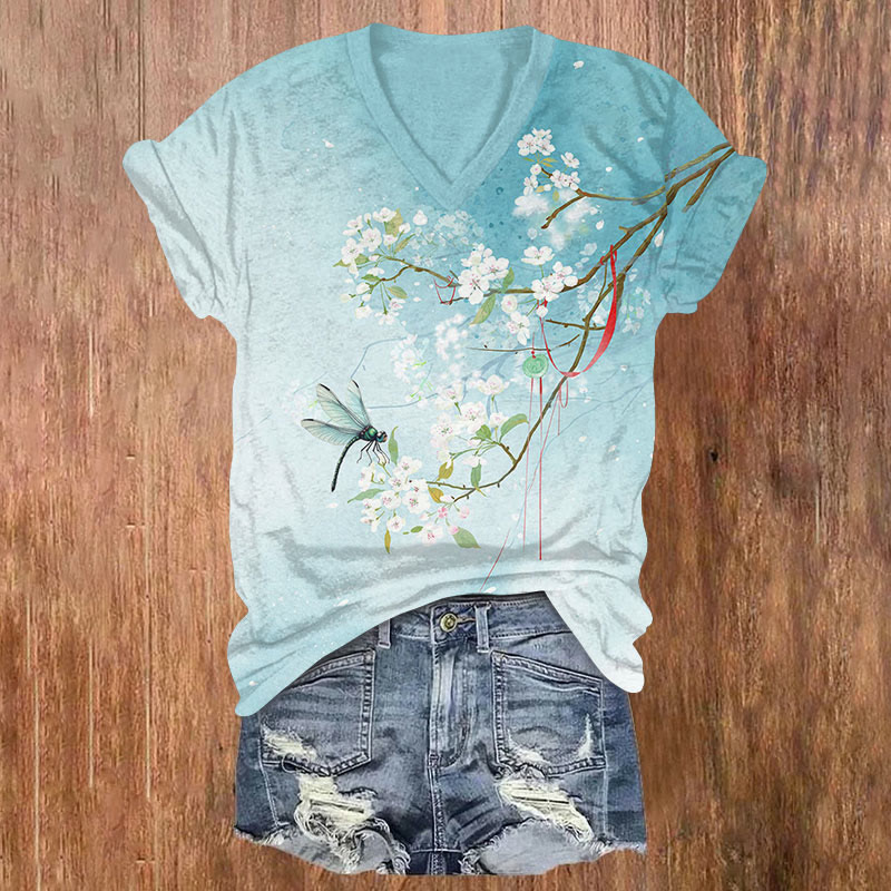 Japanese White Sakura & Dragonfly Print V-neck T-shirt Print V-neck T-shirt - Green - US32-34(5XL) - image 1