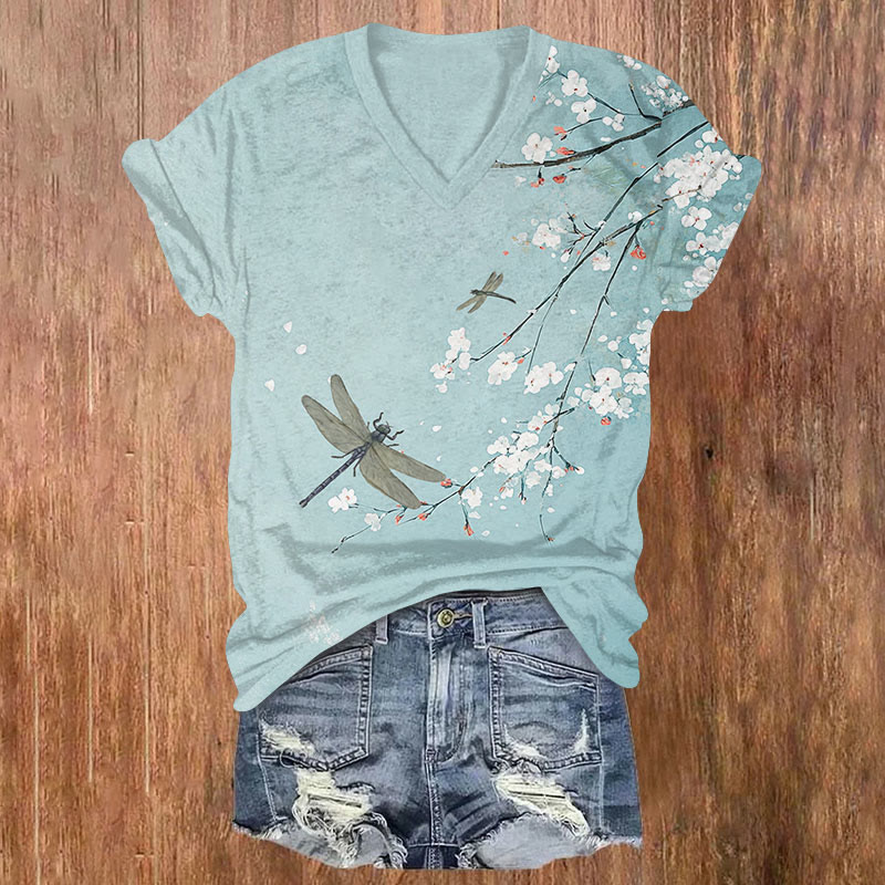 Japanese Fantasy Sakura & Dragonfly Print V-neck T-shirt - Green - US32-34(5XL) - image 1