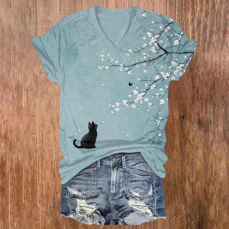 Japanese Romantic Sakura & Black Cat Print V-neck T-shirt Print V-neck T-shirt - Blue - US32-34(5XL) - image 1