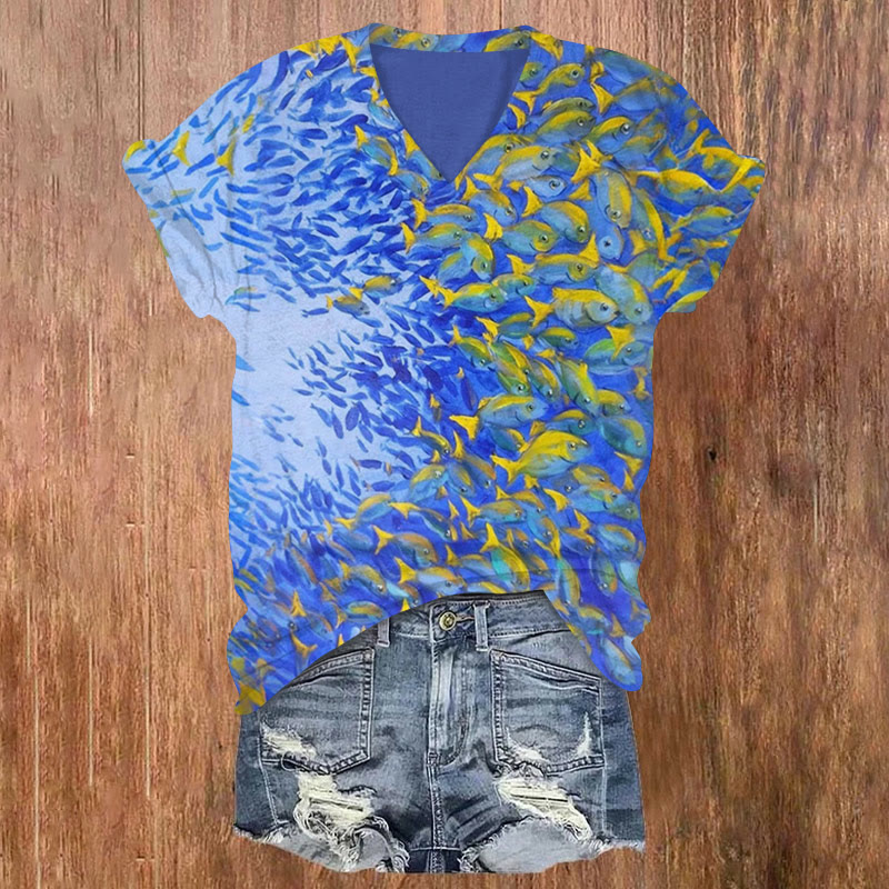 Scattered Fish Contrast Print V-neck T-shirt - Blue - US32-34(5XL) - image 1