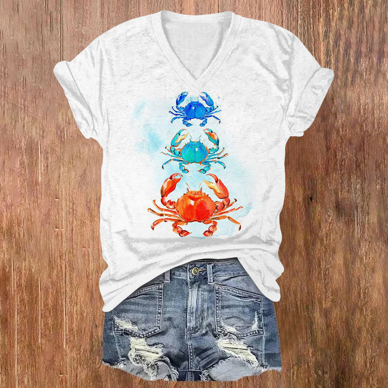 Watercolor Colorful Crab Print V-neck T-shirt - White - US32-34(5XL) - image 1