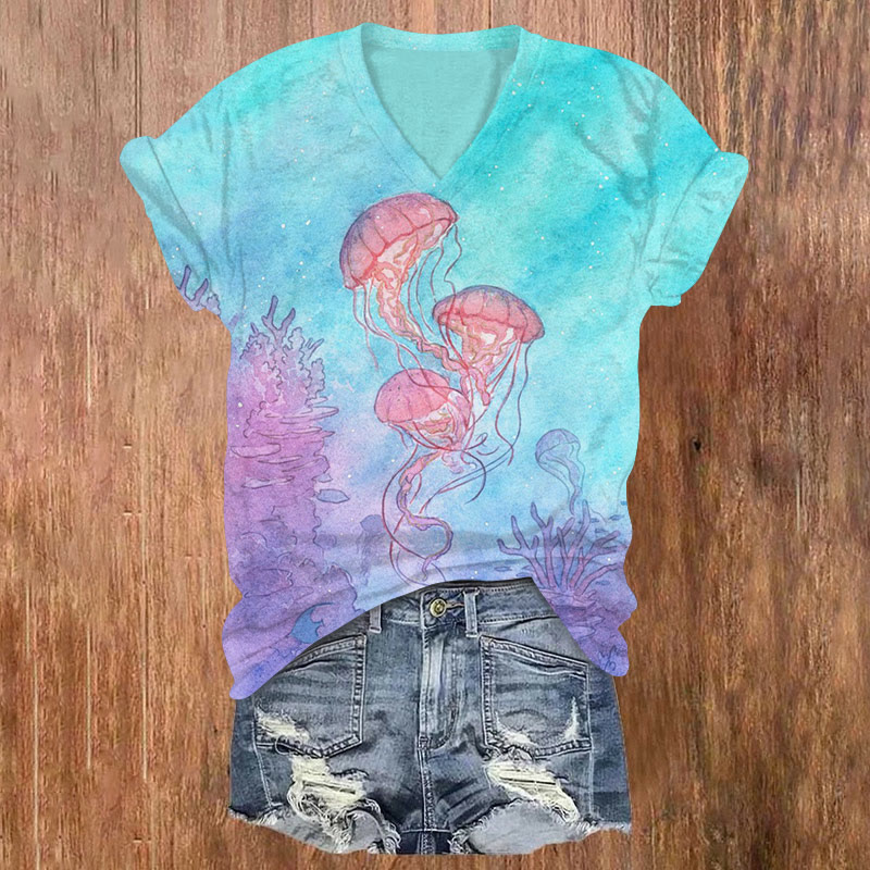 Contrast Coral Jellyfish Print V-neck T-shirt - Lake Blue - US32-34(5XL) - image 1