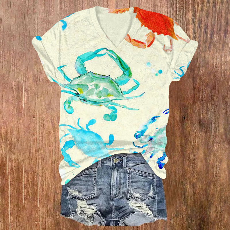 Watercolor Crab Print V-neck T-shirt - Beige - US32-34(5XL) - image 1