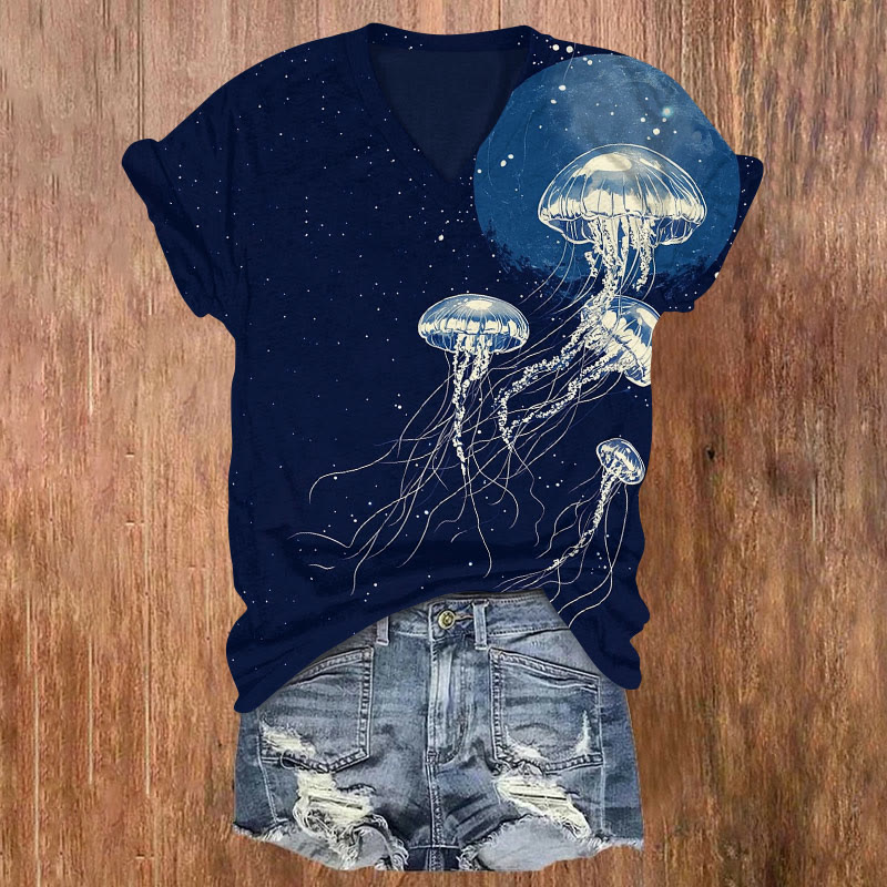 Starry Jellyfish Print V-neck T-shirt - Dark Blue - US32-34(5XL) - image 1