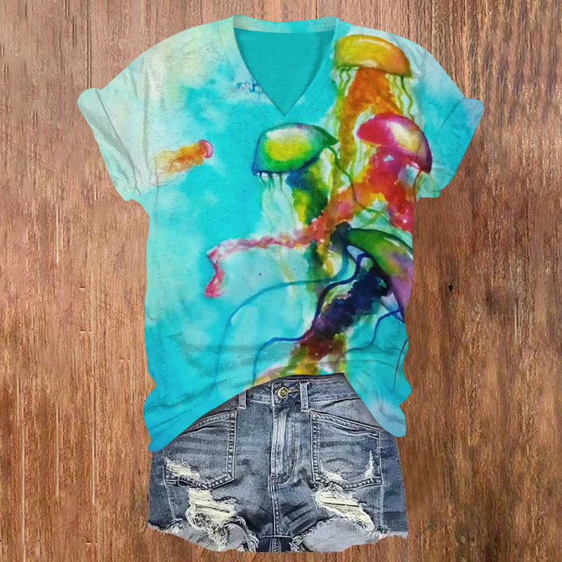 Smudged Watercolor Jellyfish Print V-neck T-shirt - Lake Blue - US32-34(5XL) - image 1