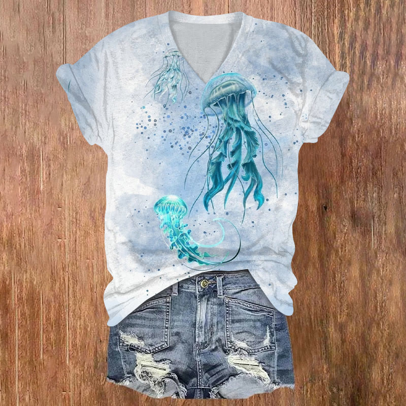 Irregular Smudge Jellyfish Print V-neck T-shirt - Blue - US32-34(5XL) - image 1