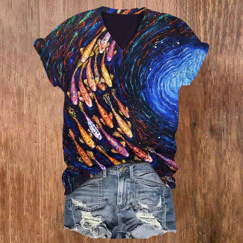 Rotating Fish Oil Painting Print V-neck T-shirt - Dark Blue - US32-34(5XL) - image 1