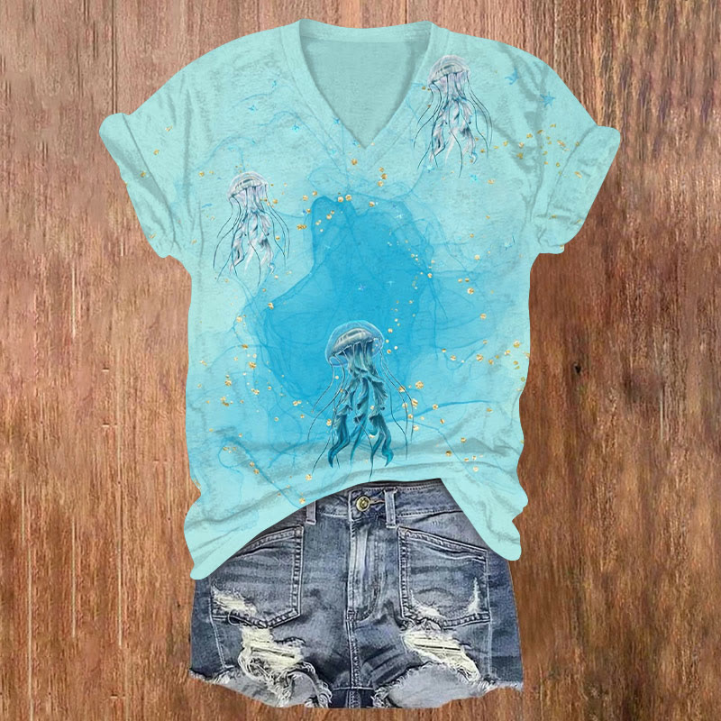 Watercolor Line Jellyfish Print V-neck T-shirt - Lake Blue - US32-34(5XL) - image 1