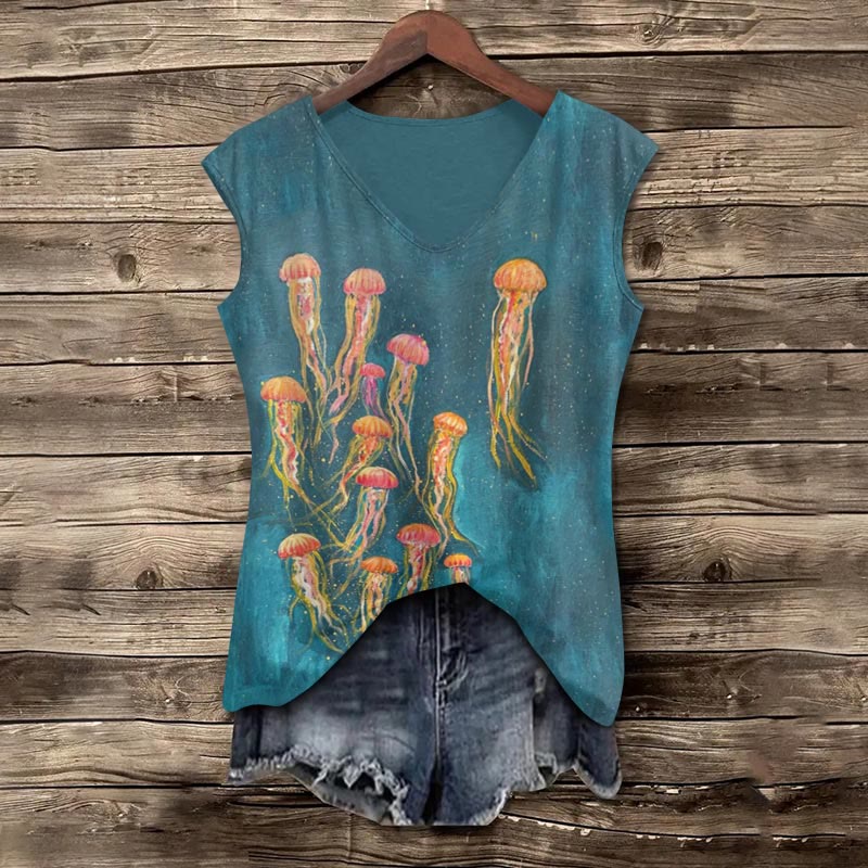 Starry Sky Jellyfish Oil Painting Print V-neck Tank Top - Green - 5XL - image 1