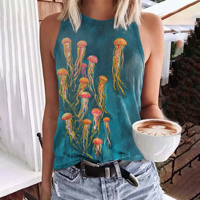 Starry Sky Jellyfish Oil Painting Print Crew Neck Tank Top - Green - 5XL - image 1
