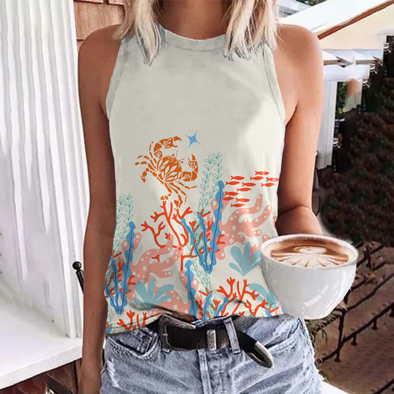 Creative Cartoon Crab & Coral Art Print Crew Neck Tank Top - White - 5XL - image 1