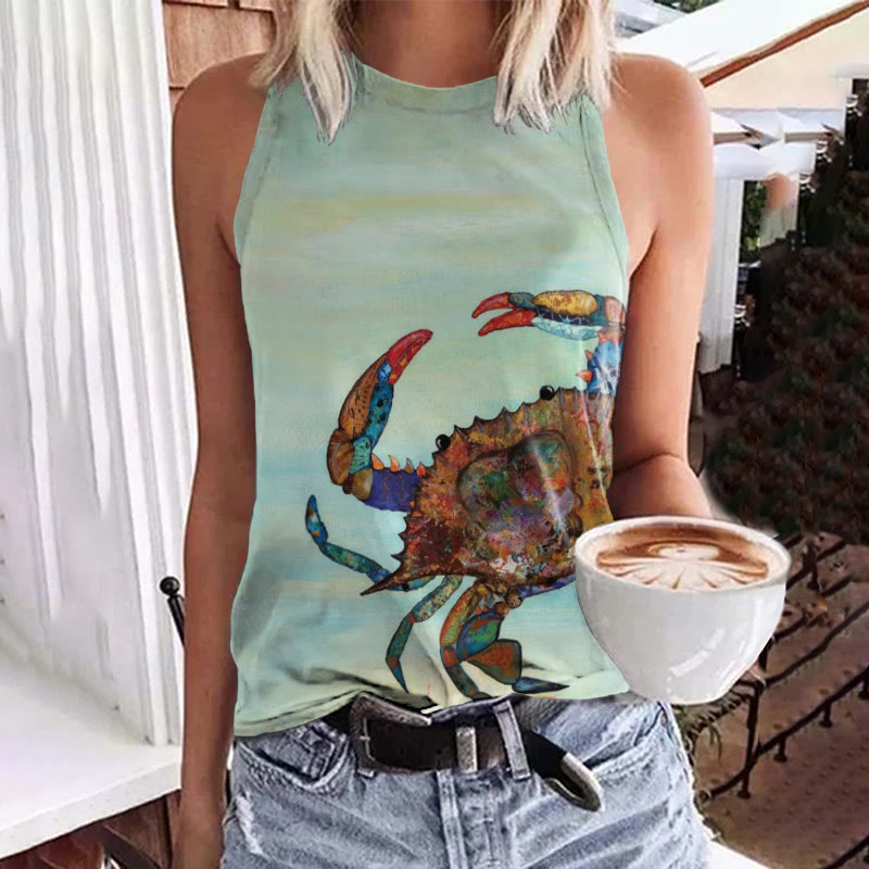 Painted Crab Art Print Crew Neck Tank Top - Green - 5XL - image 1