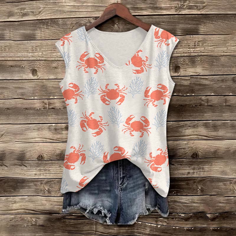 Lovely Crab & Sea Weed Print V-neck Tank Top - Red - 5XL - image 1