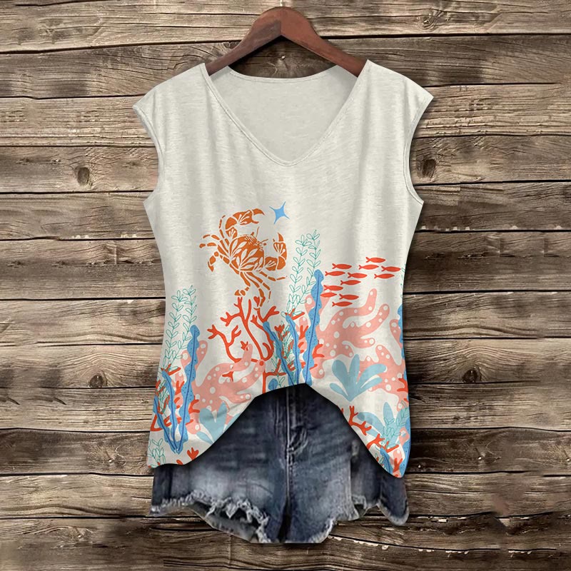 Creative Cartoon Crab & Coral Print V-neck Tank Top - White - 5XL - image 1