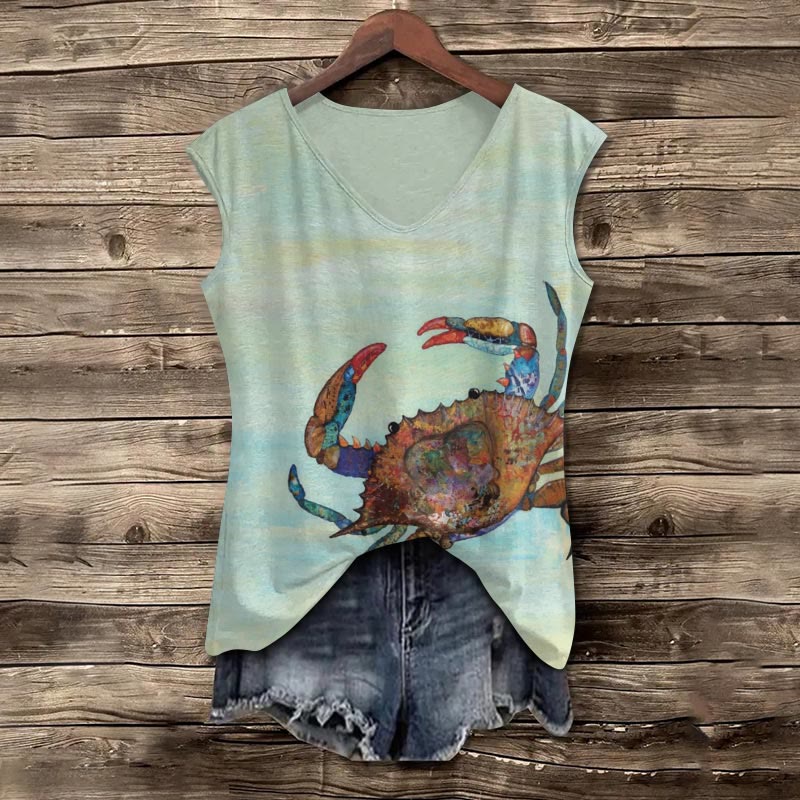 Painted Crab Print V-neck Tank Top - Green - 5XL - image 1