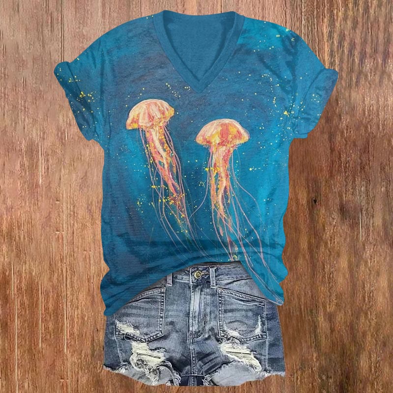 Starry Oil Painting Jellyfish Art Print V-neck T-shirt - Blue - US32-34(5XL) - image 1