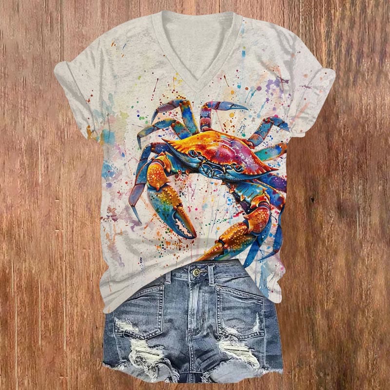 Creative Watercolor Inkjet Crab Print V-neck T-shirt - Khaki - US32-34(5XL) - image 1
