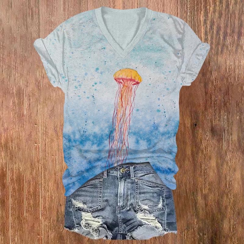 Creative Dancing  Jellyfish Art Print V-neck T-shirt - Blue - US32-34(5XL) - image 1