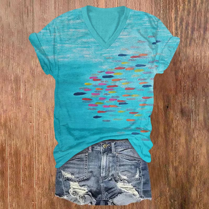 Colorful Abstract Fish School Art Print V-neck T-shirt - Blue - US32-34(5XL) - image 1
