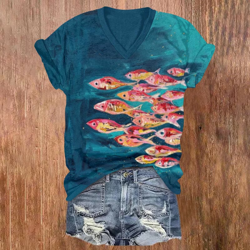 Funny Oil Painting Fish Print V-neck T-shirt - Blue - US32-34(5XL) - image 1