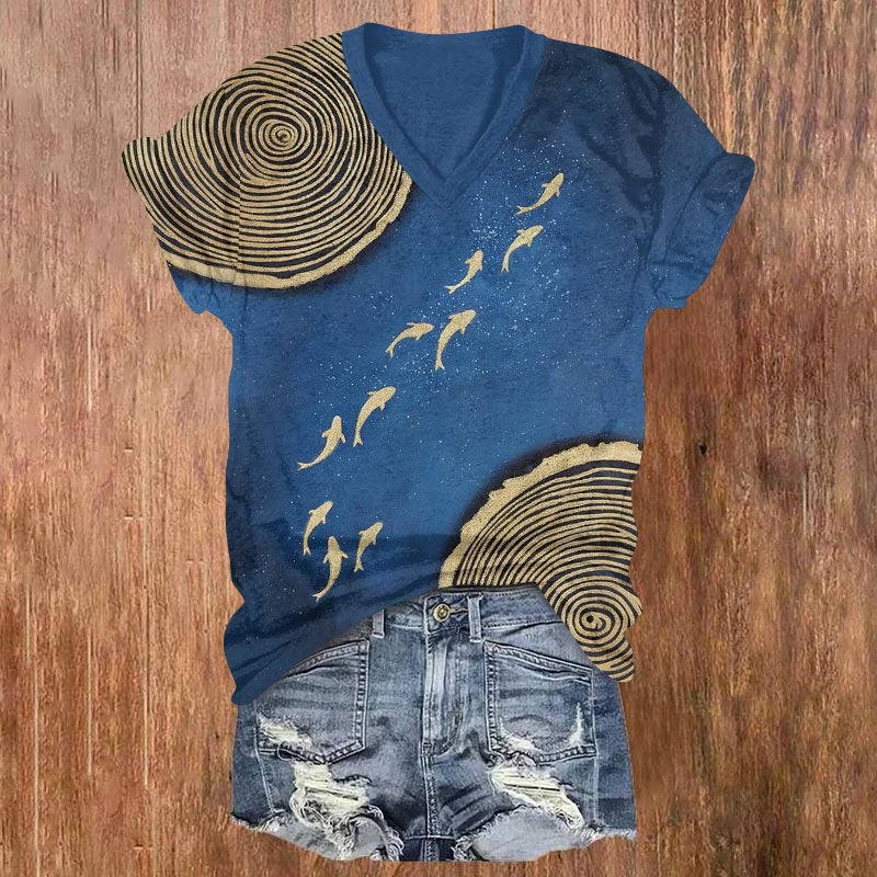 Starry Ocean Whales Art Print V-neck T-shirt - Blue - US32-34(5XL) - image 1
