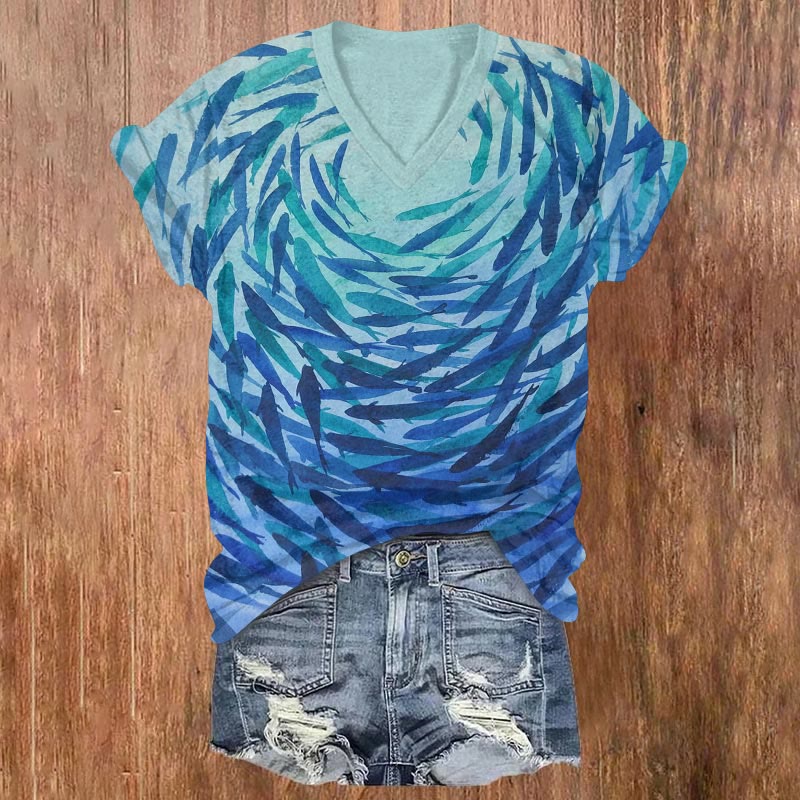 Spectacular Watercolor Fish School Art Print V-neck T-shirt - Blue - US32-34(5XL) - image 1