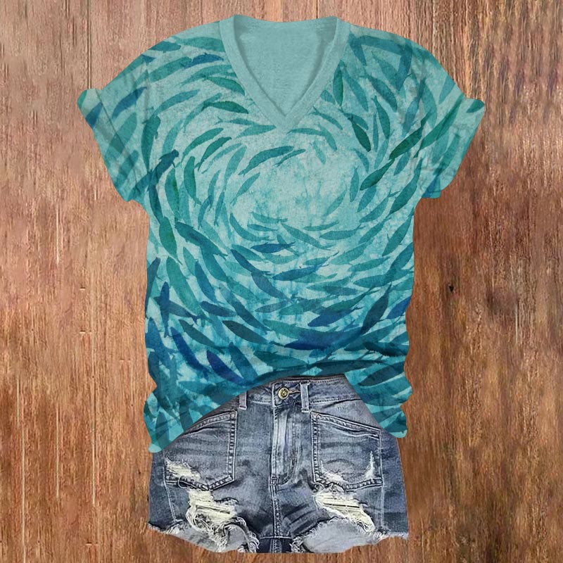 Ombre Fish Swirl Print V-neck T-shirt - Green - US32-34(5XL) - image 1
