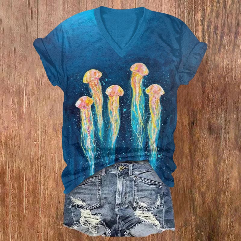 Starry Watercolor Cartoon Jellyfish Print V-neck T-shirt - Blue - US32-34(5XL) - image 1