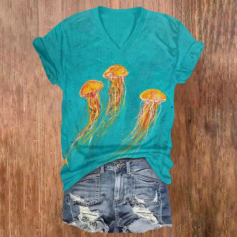 Funny Colored Jellyfish Art Print V-neck T-shirt - Green - US32-34(5XL) - image 1