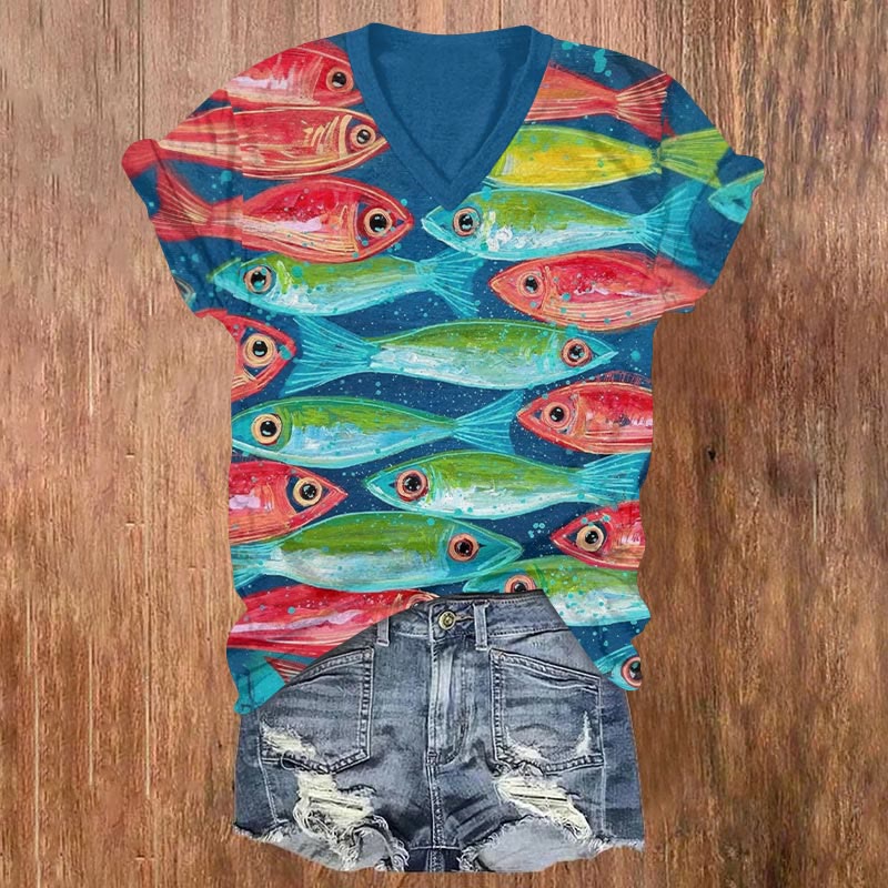 Funny Colorful Fish Print V-neck T-shirt - Blue - US32-34(5XL) - image 1