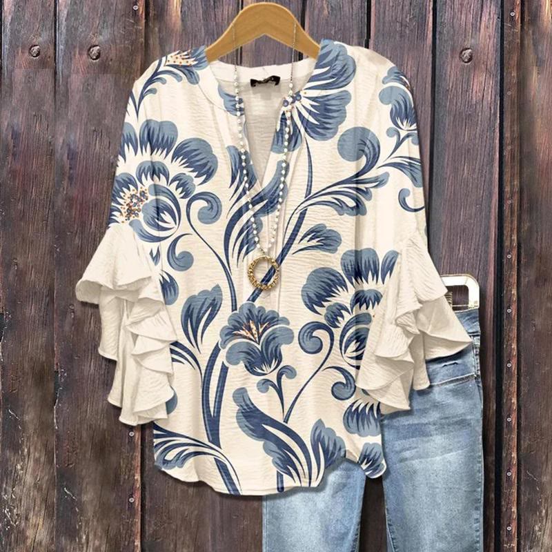 Retro Floral Print  Layered Ruffle Sleeve V Neck Half Sleeve Blouse - White - 5XL - image 1