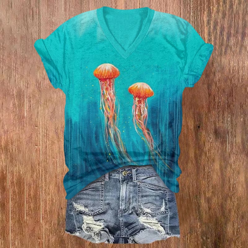 Starry Fantasy Jellyfish Print V-neck T-shirt - Lake Blue - US32-34(5XL) - image 1