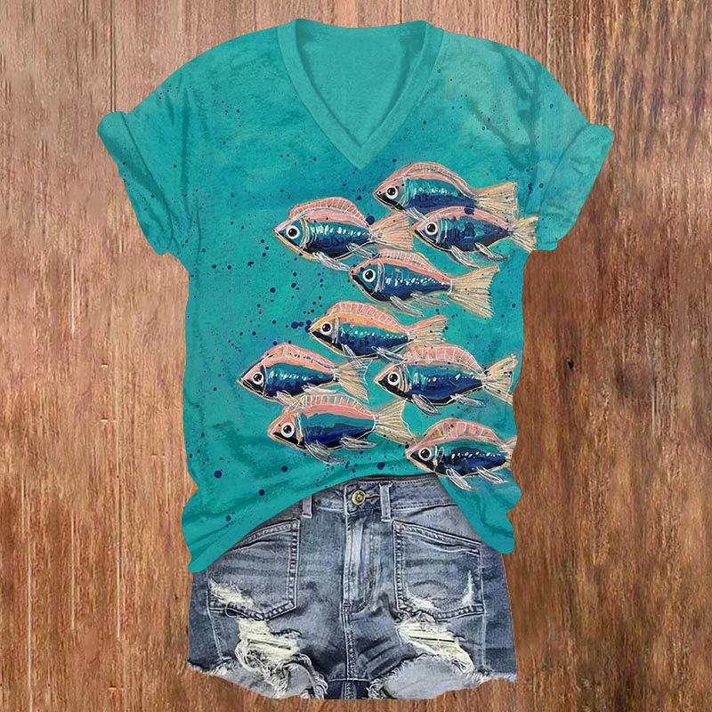 Funny Ugly Fish Art Print V-neck T-shirt - Green - US32-34(5XL) - image 1