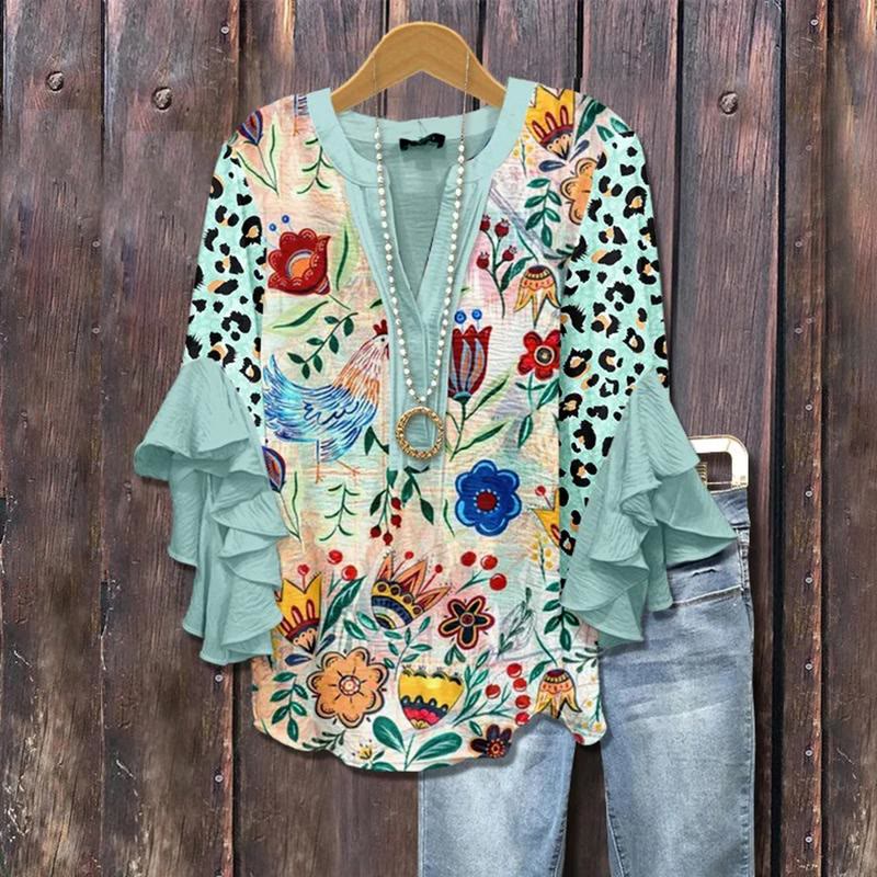 Retro Mixed Leopard Floral Print Layered Ruffle Sleeve V Neck Half Sleeve Blouse - Green - 5XL - image 1