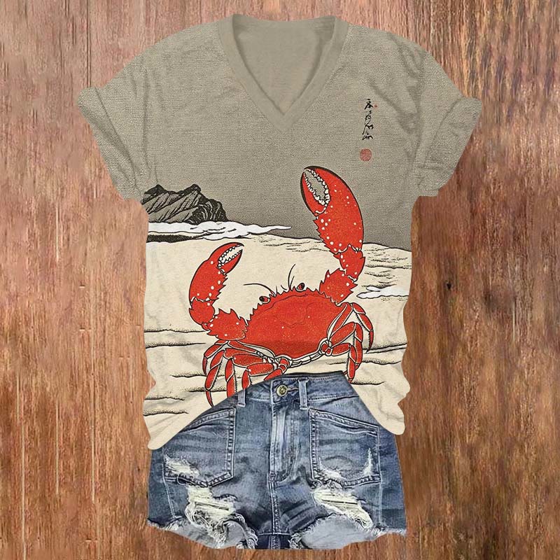 Japanese Creative Beach Crab Art Print V-neck T-shirt - Khaki - US32-34(5XL) - image 1