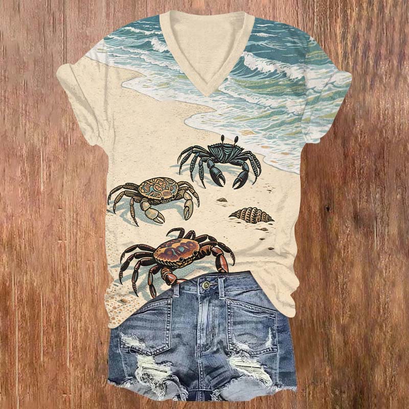 Japanese Funny Crab On The Beach Print V-neck T-shirt - Apricot - US32-34(5XL) - image 1