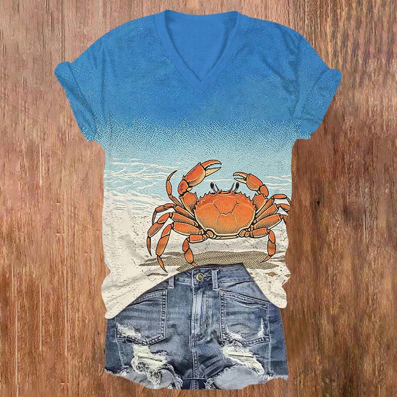 Japanese Sun-dried Crab By Sea Print V-neck T-shirt - Blue - US32-34(5XL) - image 1