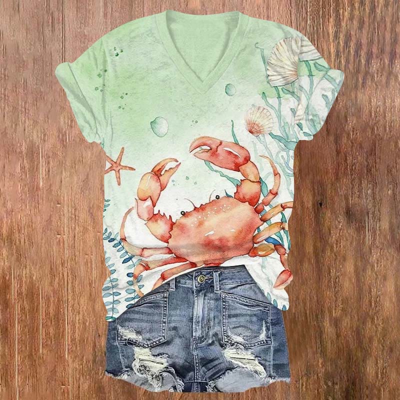 Cartoon Watercolor Crab Underwater Print V-neck T-shirt - Green - US32-34(5XL) - image 1