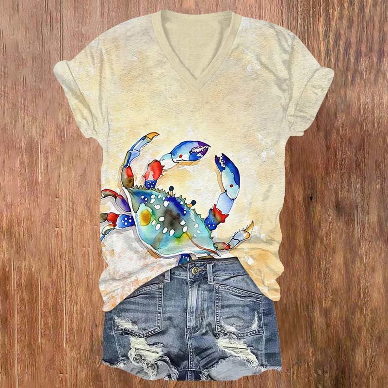 Creative Fantasy Colorful Crab Print V-neck T-shirt - Yellow - US32-34(5XL) - image 1