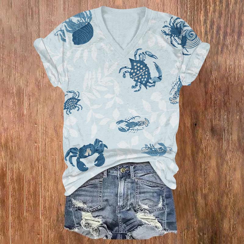 Vintage Crab & Lobster Art Print V-neck T-shirt - Light Blue - US32-34(5XL) - image 1