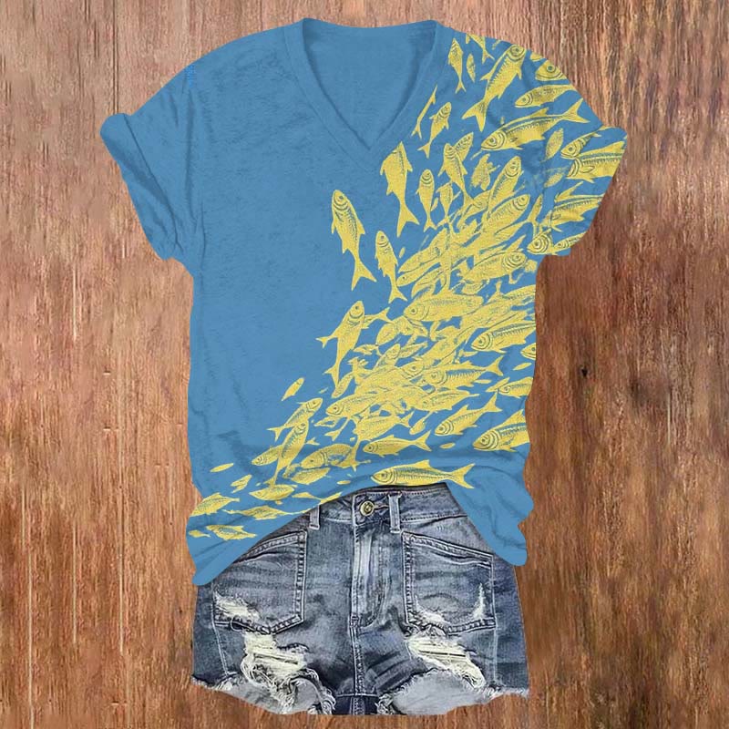 Creative Yellow Sardine School Art Print V-neck T-shirt - Blue - US32-34(5XL) - image 1