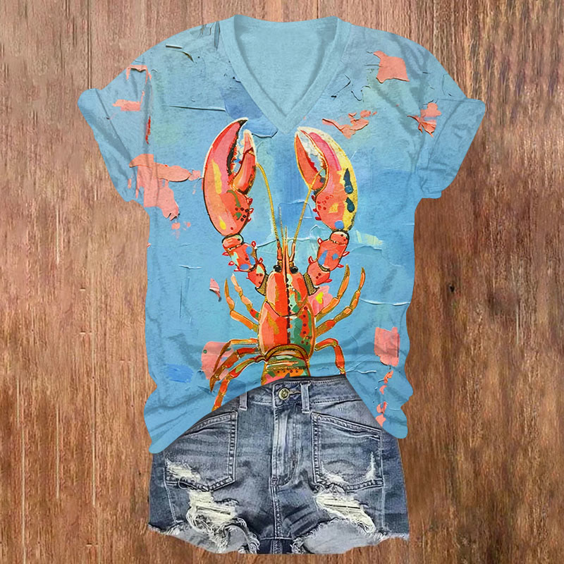 Funny Lobster Graffiti Art Print V-neck T-shirt - Blue - US32-34(5XL) - image 1