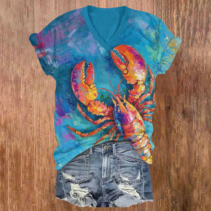 Oil Painting Lobster Graffiti Art Print V-neck T-shirt - Blue - US32-34(5XL) - image 1