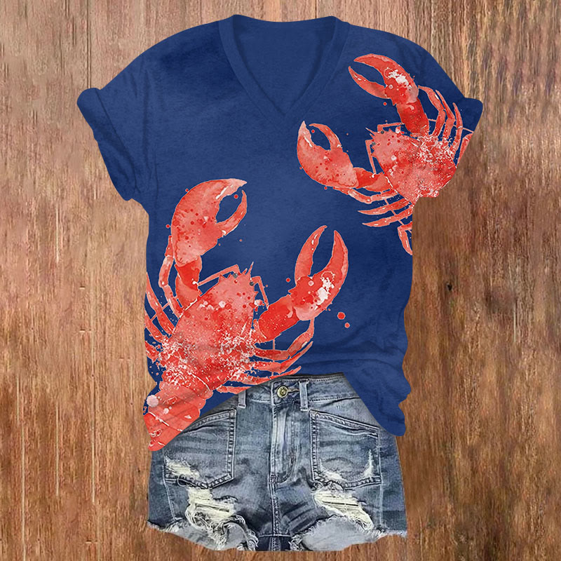 Watercolor Red Lobster Art Print V-neck T-shirt - Royal Blue - US32-34(5XL) - image 1