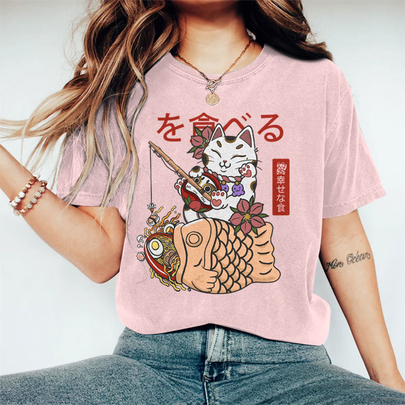 100% Cotton Women's Japanese Lucky Cat Fishing  Art Print Casual T-shirt - Pink - 2XL - image 1
