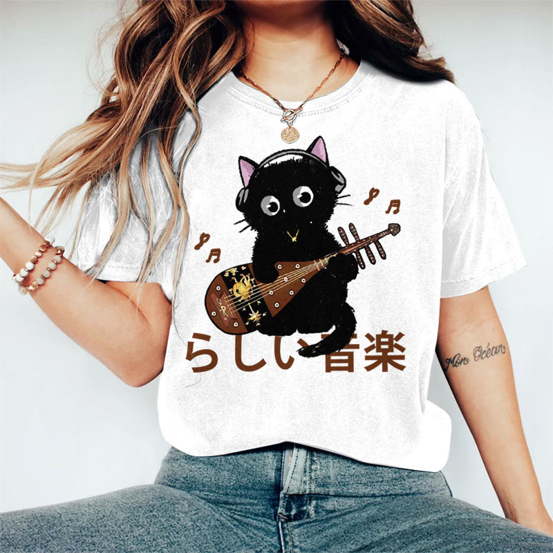 100% Cotton Women's Japanese Black Cat Playing Guitar Art Print Casual T-shirt - White - 2XL - image 1